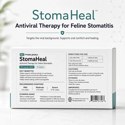 MaxPaw StomaHeal back label with dosage and usage information