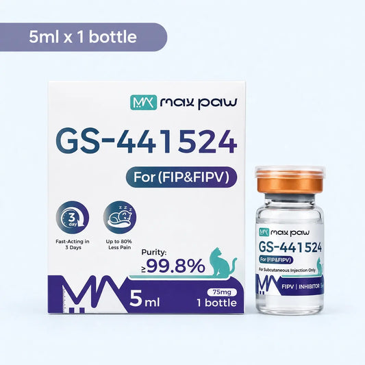 MaxPaw GS-441524 injection for feline infectious peritonitis (FIP/FIPV) treatment, showing a 5ml (75mg) vial with an amber cap next to its white packaging box highlighting a purity level of over 99.8%.